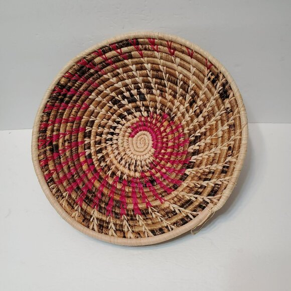 Handwoven Natural Straw Basket with Magenta & Black Accents, 13" Boho Wall Decor